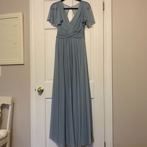 David’s Bridal dusty blue flutter sleeve dress